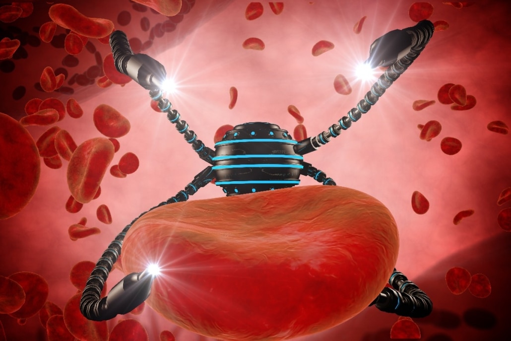 Afbeelding van een nanorobot die bacteriën manipuleert.
