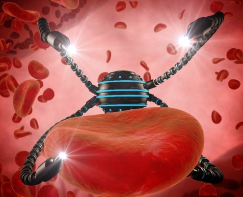 Afbeelding van een nanorobot die bacteriën manipuleert.